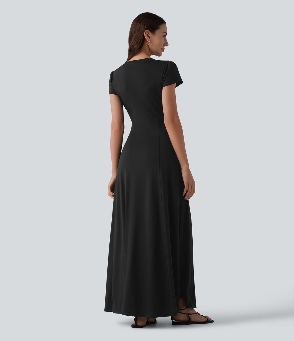 Robe longue fluide col V manches courtes