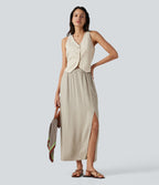 Jupe maxi effet lin taille haute avec fente à l’ourlet et poches