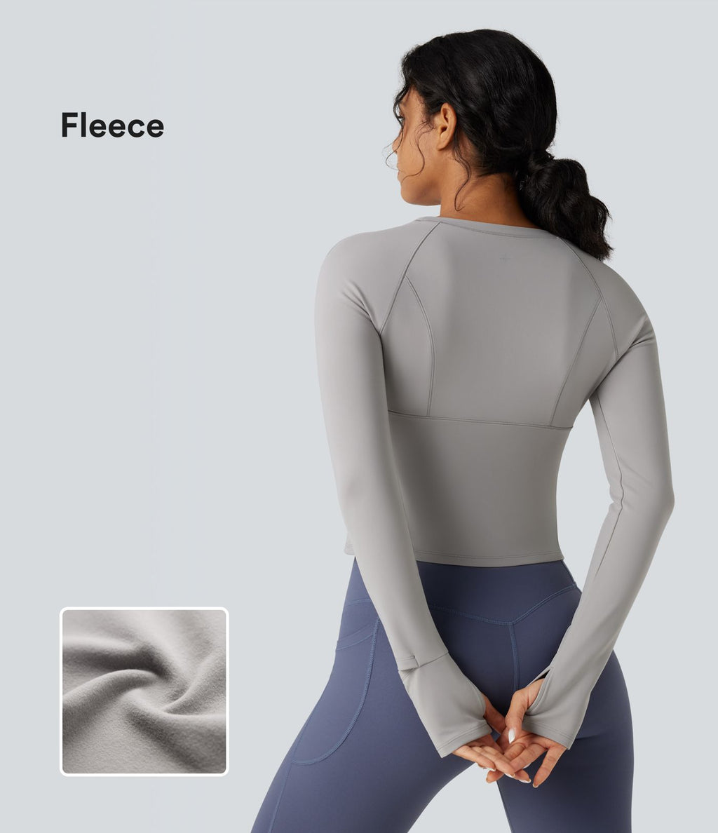 Top de sport yoga polaire col rond manches longues avec trous pouces