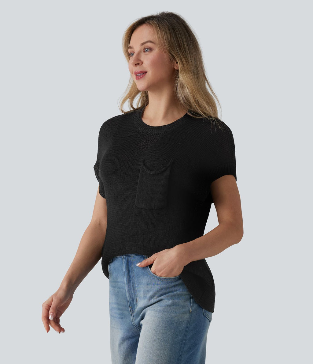 Pull décontracté col rond manches chauve-souris avec poche