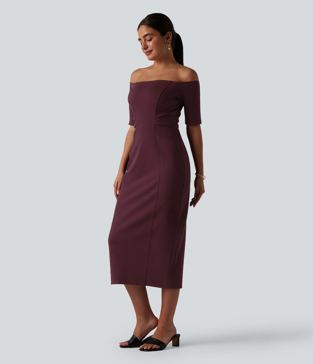 Robe midi moulante épaules dénudées manches courtes
