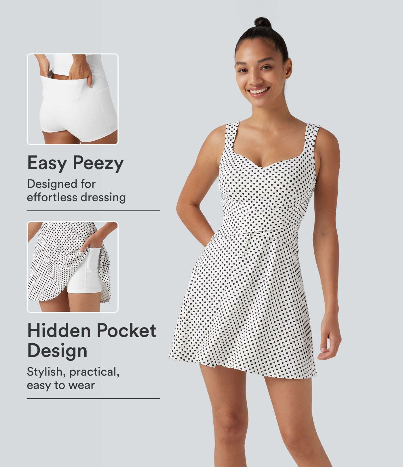 Robe sport de tennis mini 2-en-1 à pois avec brassière intégrée et poches - Édition Easy Peasy