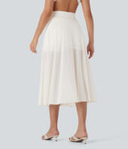Jupe Casual Évasée Mesh Mi-Longue Fuide 2 en 1 Contrastée Taille Haute Cordon Poche Latérale