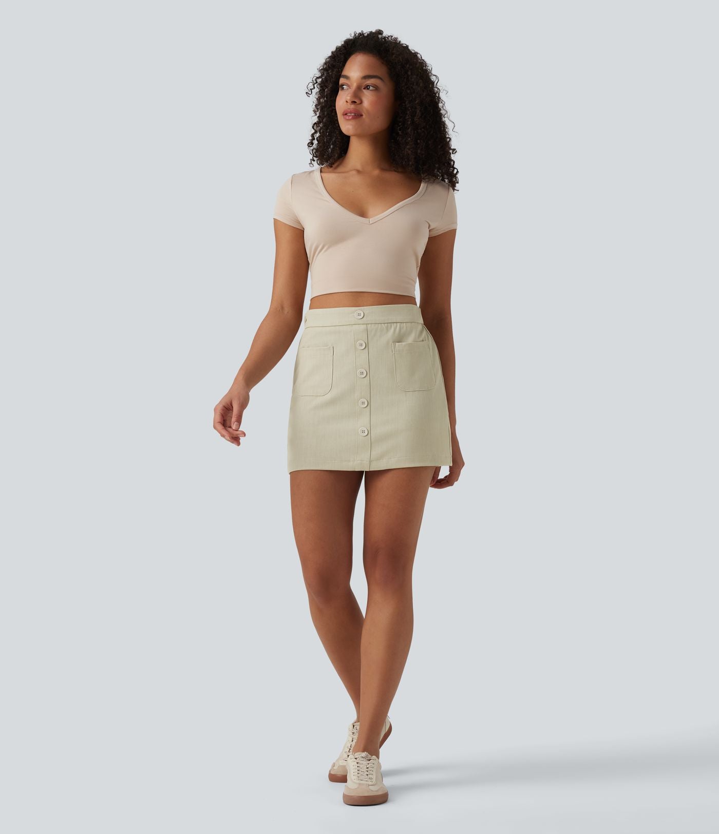 Jupe mini casual 2-en-1 moulante taille haute effet denim avec fermeture éclair invisible et poches