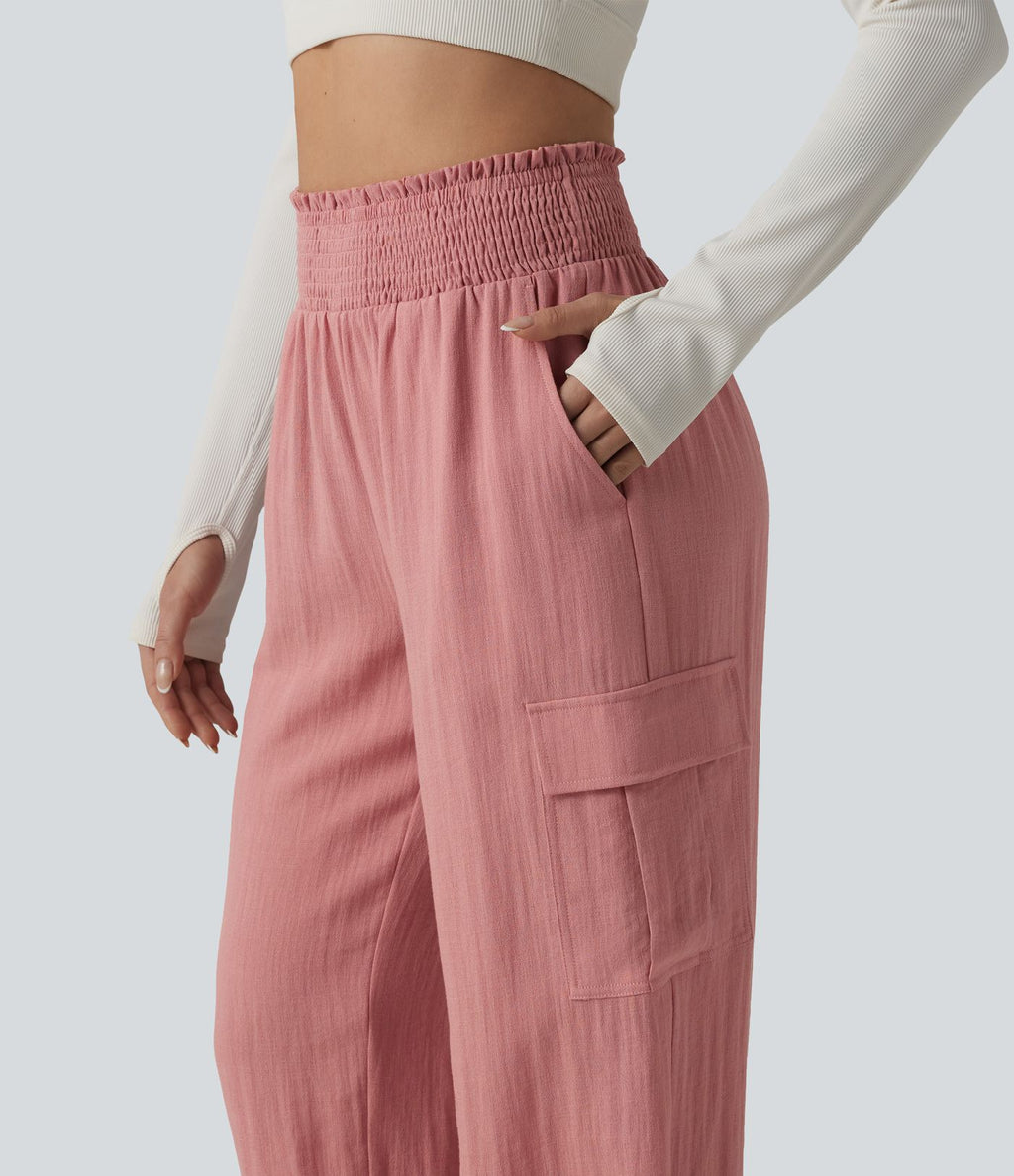 Pantalon cargo décontracté taille haute froncé, aspect lin, avec poches