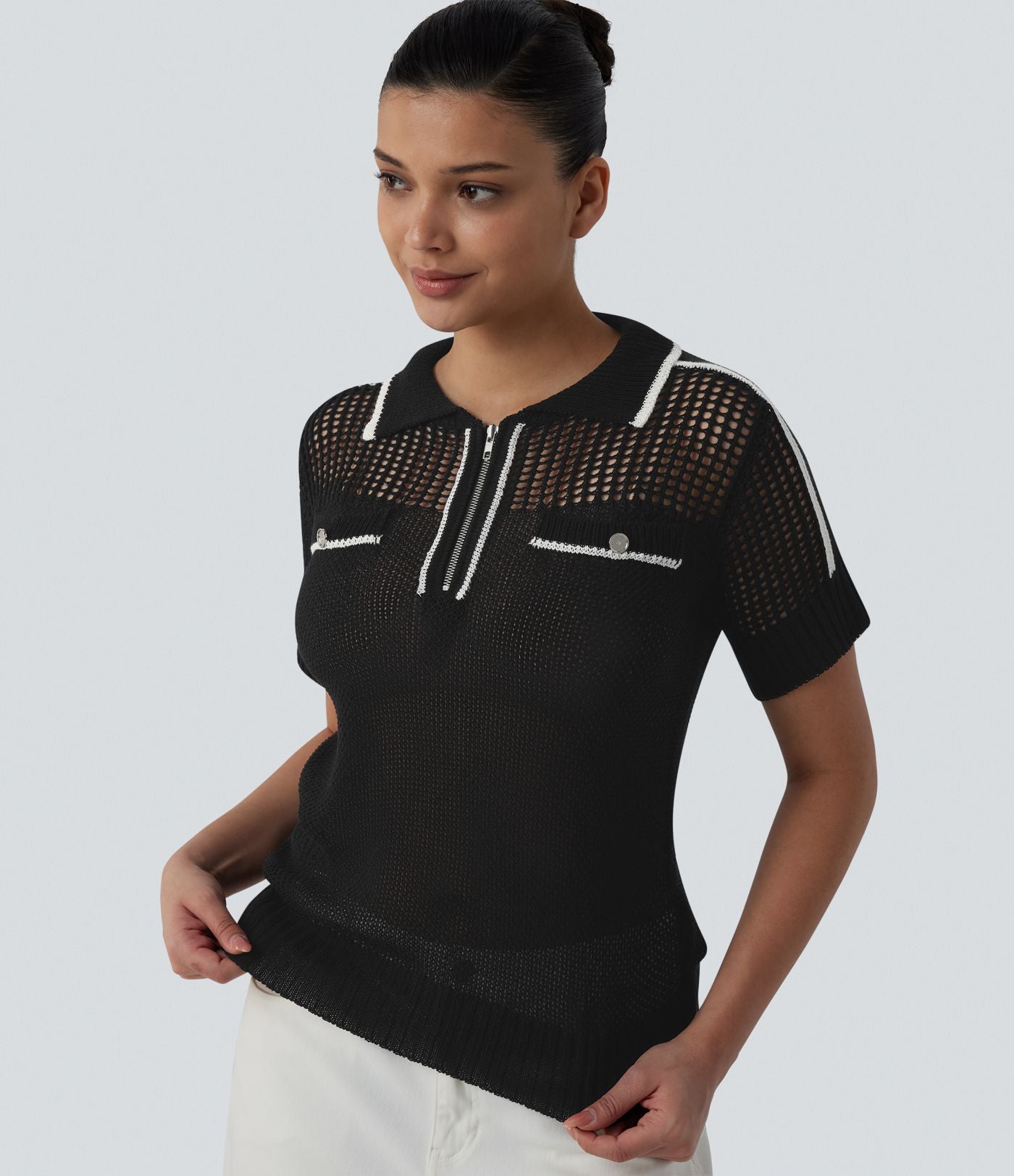 Pull casual manches courtes demi-zip découpes color block