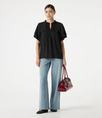 Blouse casual col V à volants, manches courtes et dentelle contrastée