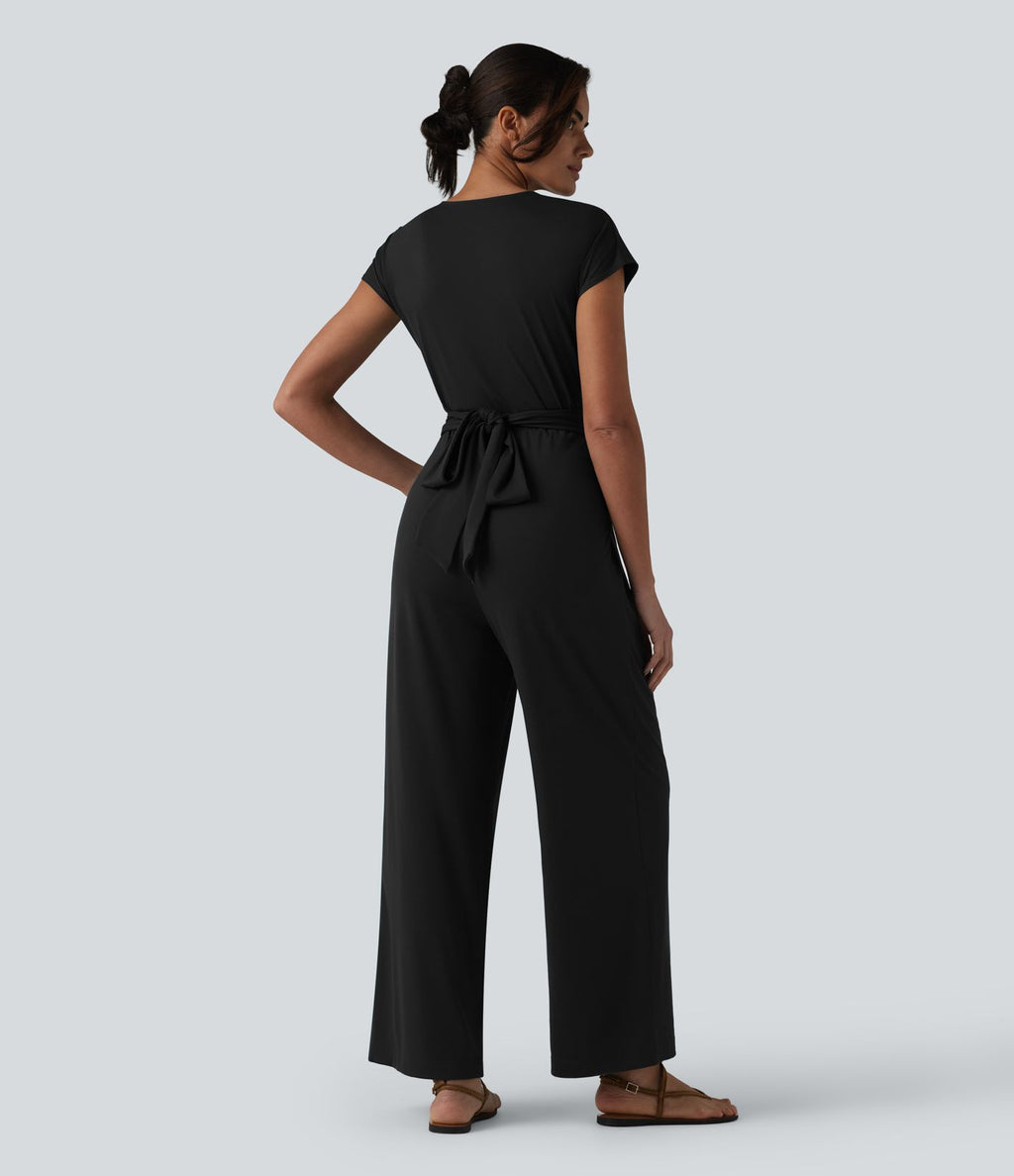 Combinaison tailleur plissée croisée col V à manches courtes avec lien noué et poches — Easy Peasy