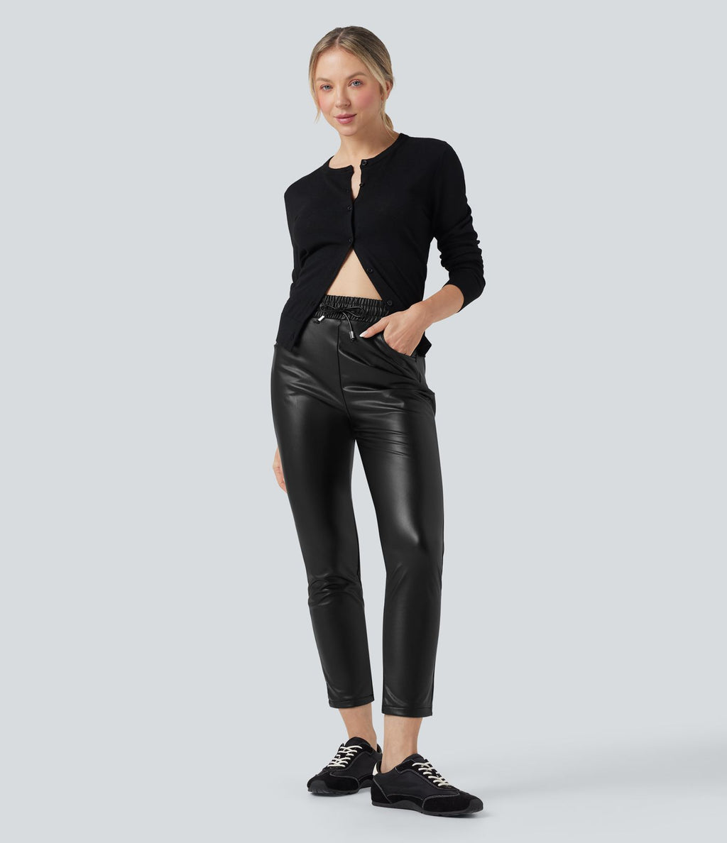 Pantalon fuselé 7/8 décontracté PU molleton extensible taille haute avec cordon et poches