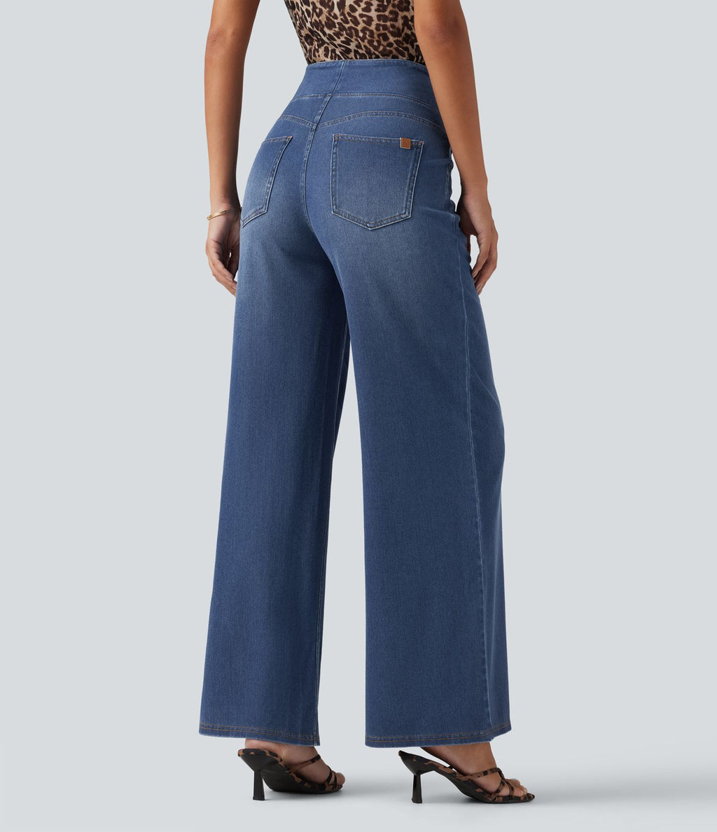Halara Flex™ Jean large casual taille haute ventre plat, en lyocell drapé effet délavé, avec poches