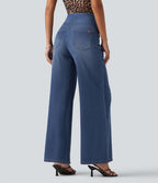 Halara Flex™ Jean large casual taille haute ventre plat, en lyocell drapé effet délavé, avec poches