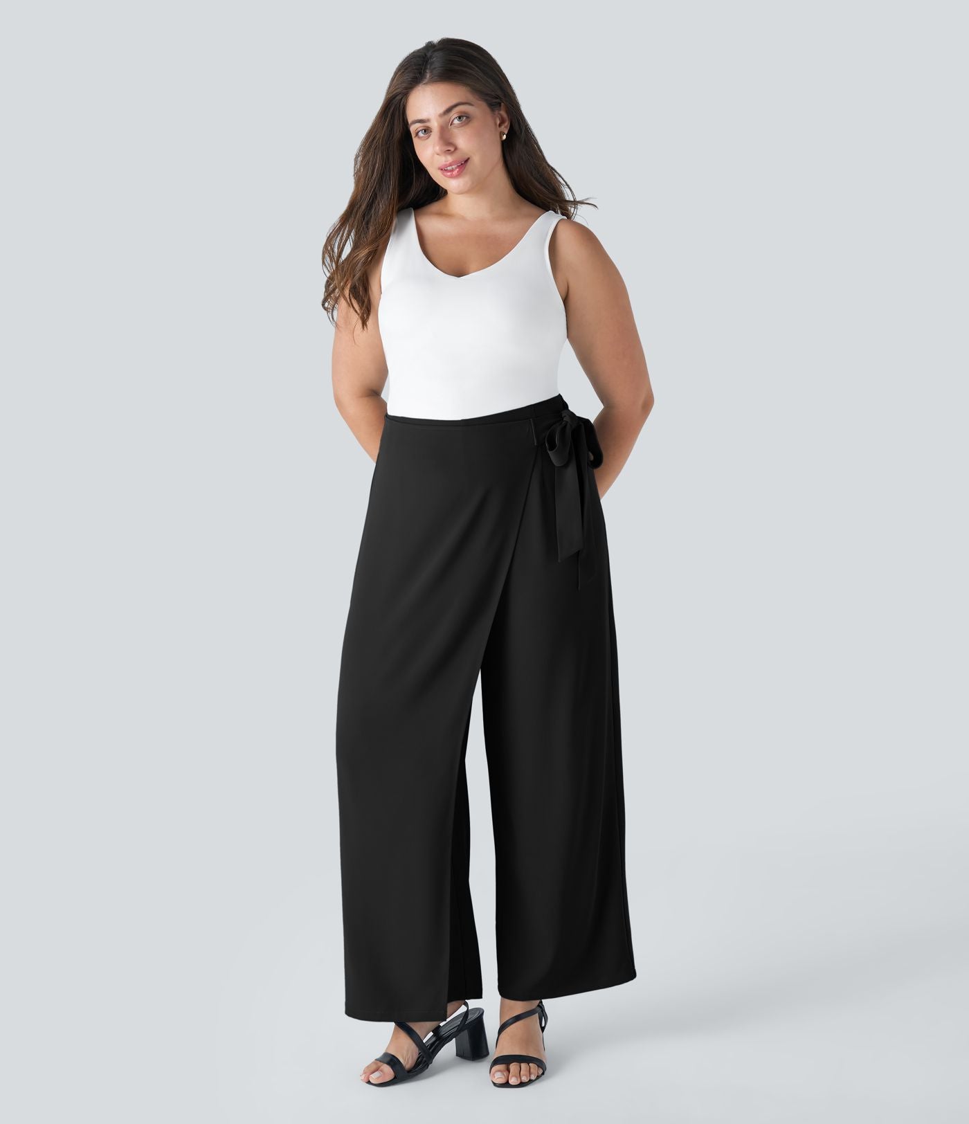 Pantalon Grande Taille à Jambe Large et Taille Haute avec Liens Latéraux et Fermeture Éclair Invisible