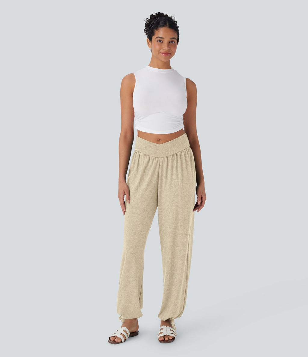 Pantalon de jogging décontracté à taille haute croisée avec poches latérales et cordon de serrage