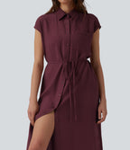 Robe chemise casual mi-longue col manches courtes ceinturée ourlet arrondi avec fente et poches