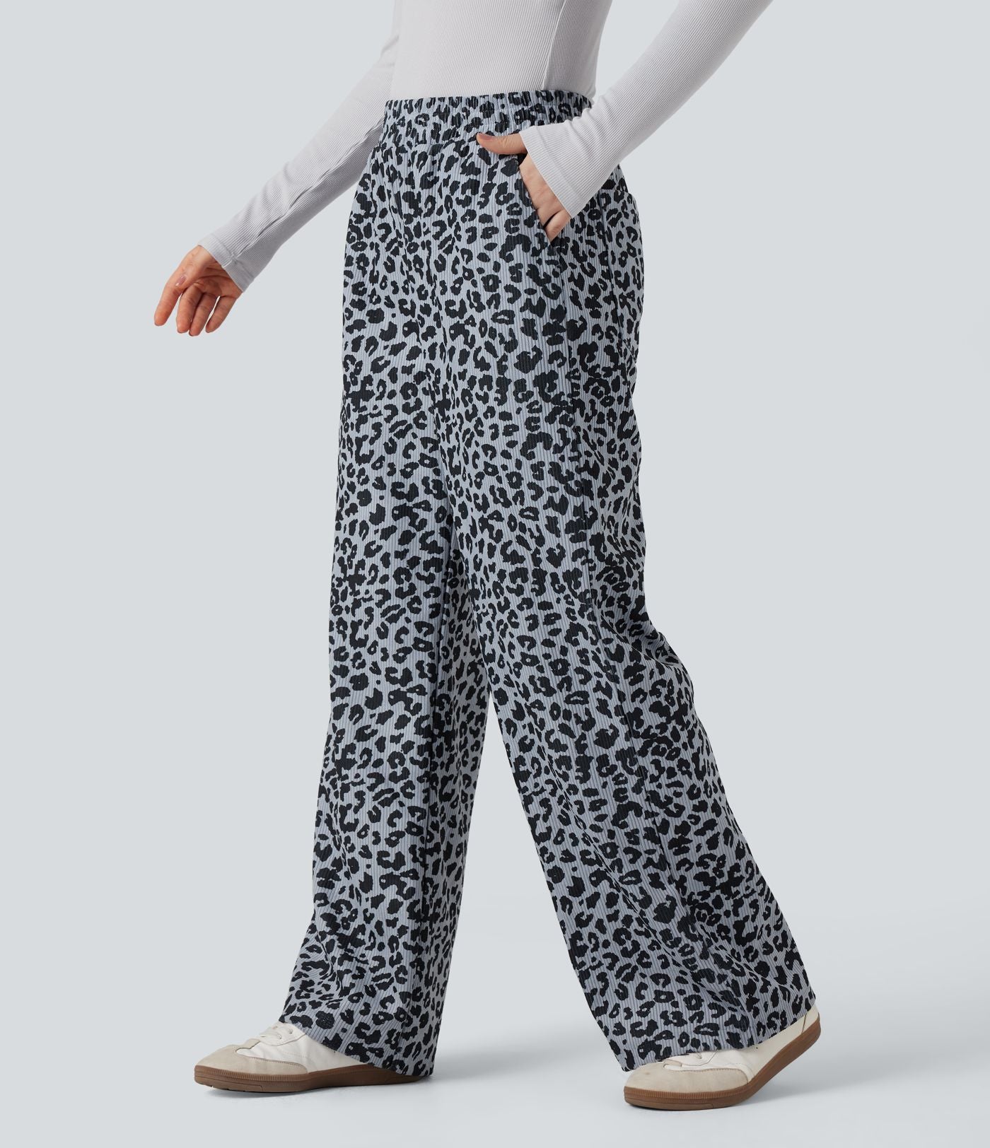 Pantalon léopard ample décontracté velours côtelé imprimé taille haute avec poches