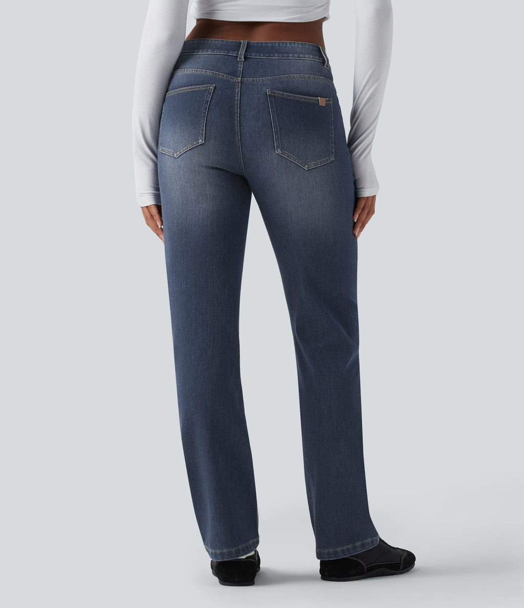 Jean bootcut délavé Halara Flex™ taille basse avec bouton, fermeture éclair et poches multiples