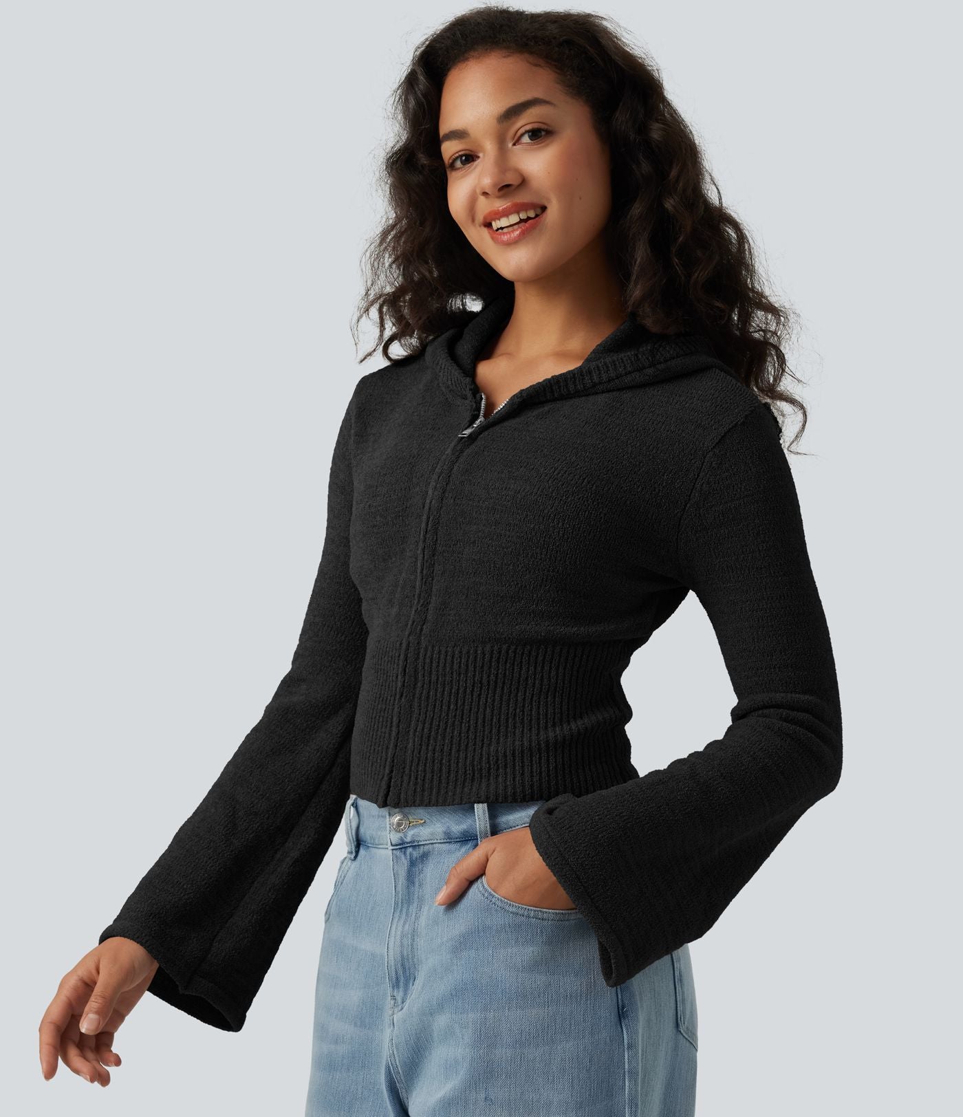 Gilet casual à capuche avec manches à volants et fermeture zippée
