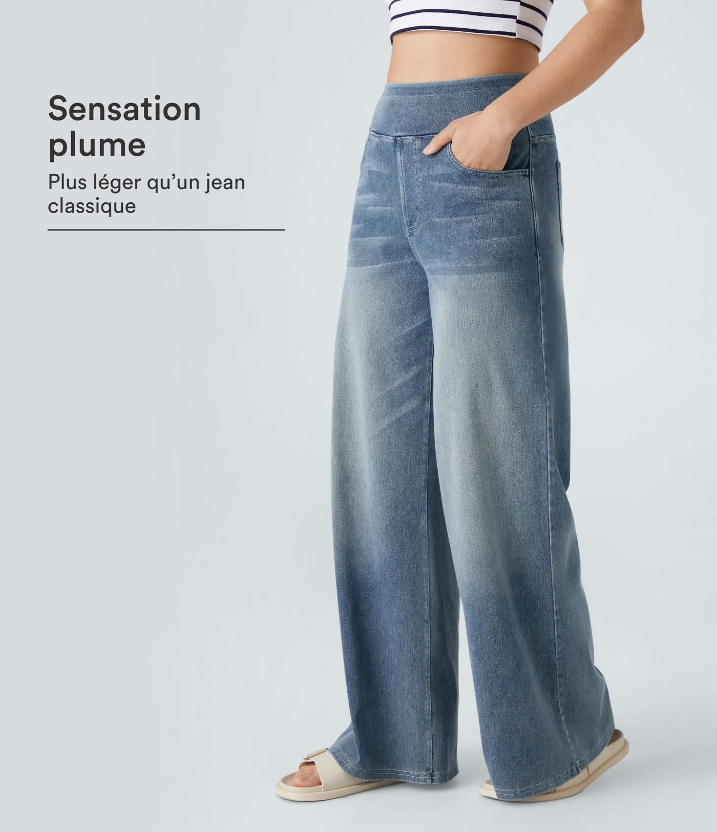 Halara Flex™ Jean Large Casual Taille Haute Poches Multiples Tricot Extensible Délavé