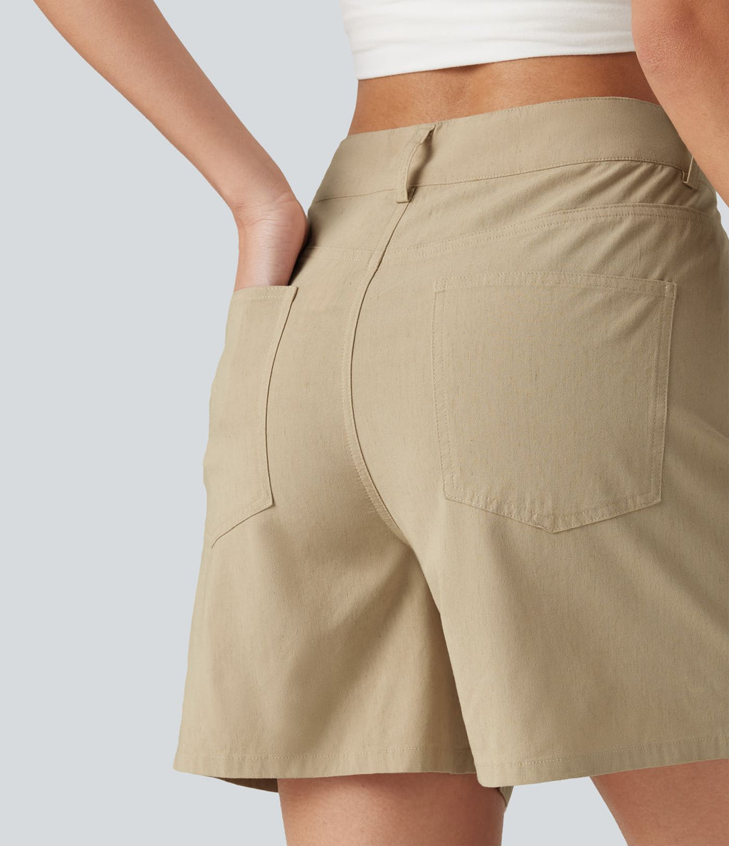 Short taille haute croisé décontracté en lin stretch 12,5 cm avec poches
