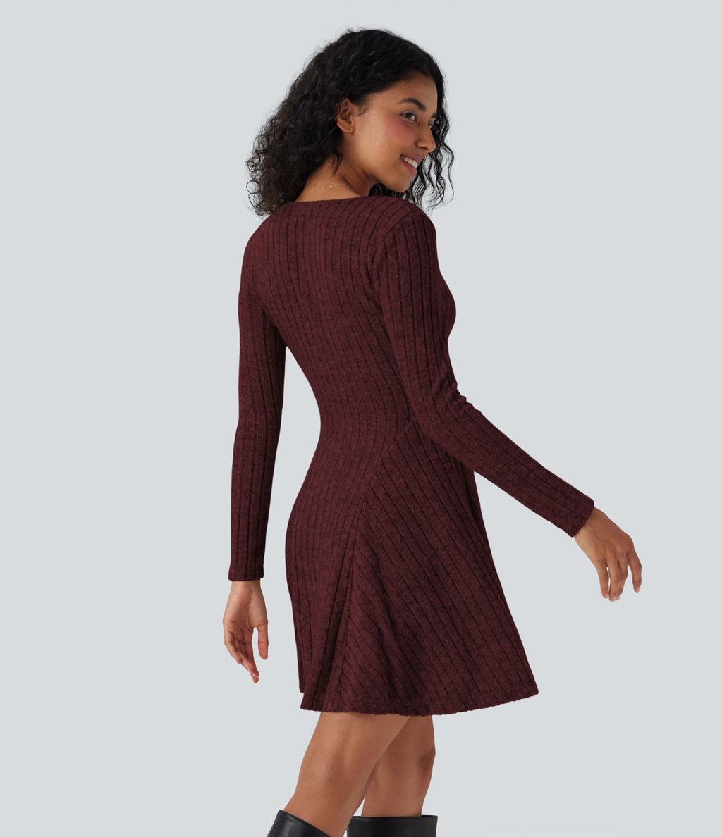 Robe décontractée mini évasée maille côtelée col V manches longues