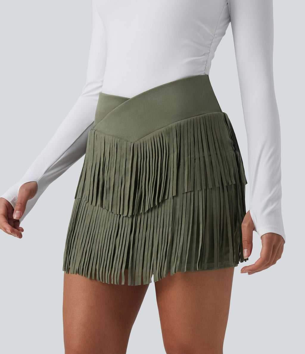 Jupe mini de soirée ajustée effet daim taille haute croisée 2-en-1 à franges