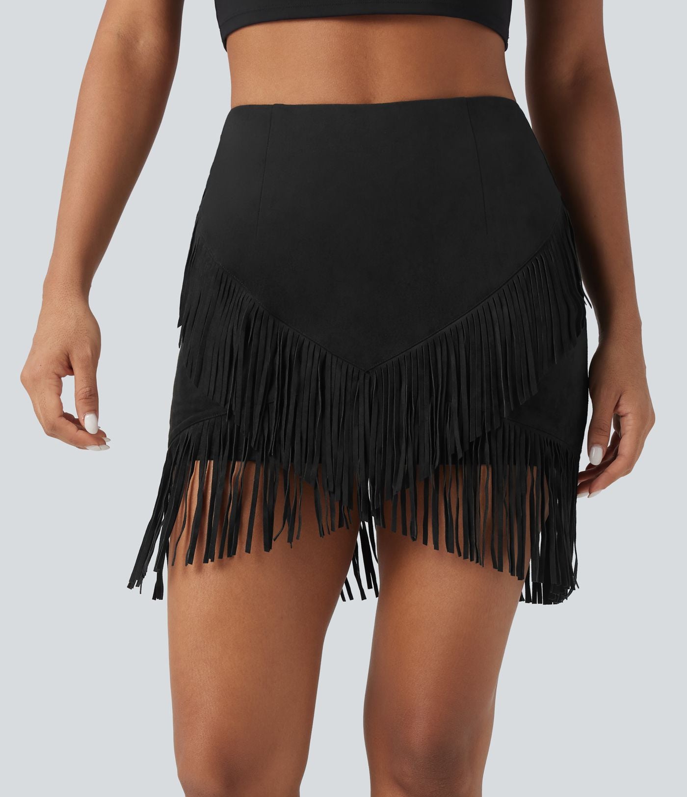 Jupe mini moulante décontractée 2-en-1 effet daim taille haute à franges