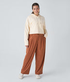 Pantalon Casual Grande Taille Velours Côtelé Taille Mi-haute Boutonnés Fermeture Éclair Poches Latérales