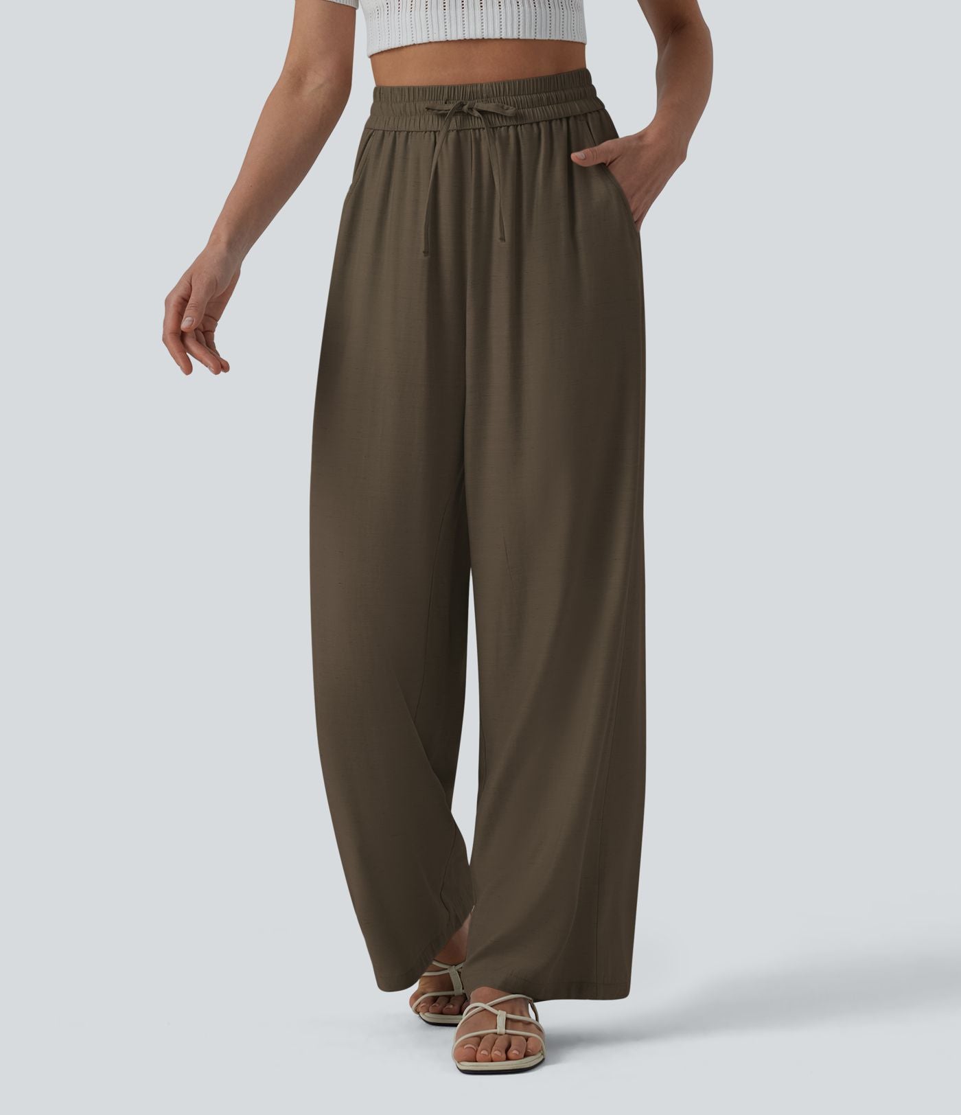 Pantalon casual large fluide mélange lin taille haute avec cordon de serrage et poches