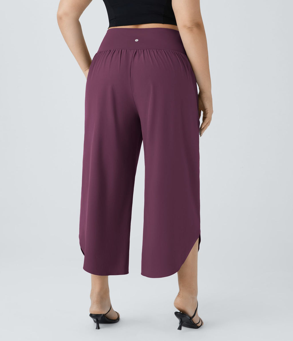 Breezeful™ Pantalon de Vacances Grande Taille Taille Haute avec Découpe Croisée Plissé Poche Latérale Fente et Séchage Rapide