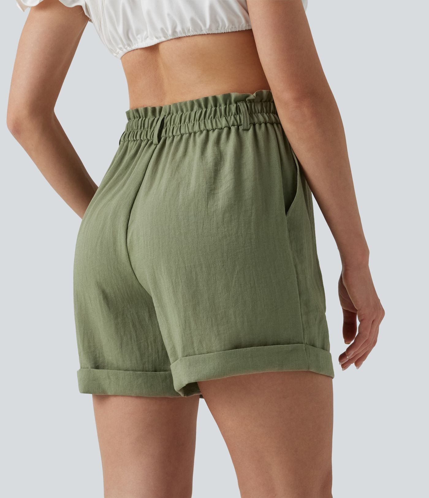 Short resort 12,5 cm taille haute effet lin avec ourlet roulotté et poches