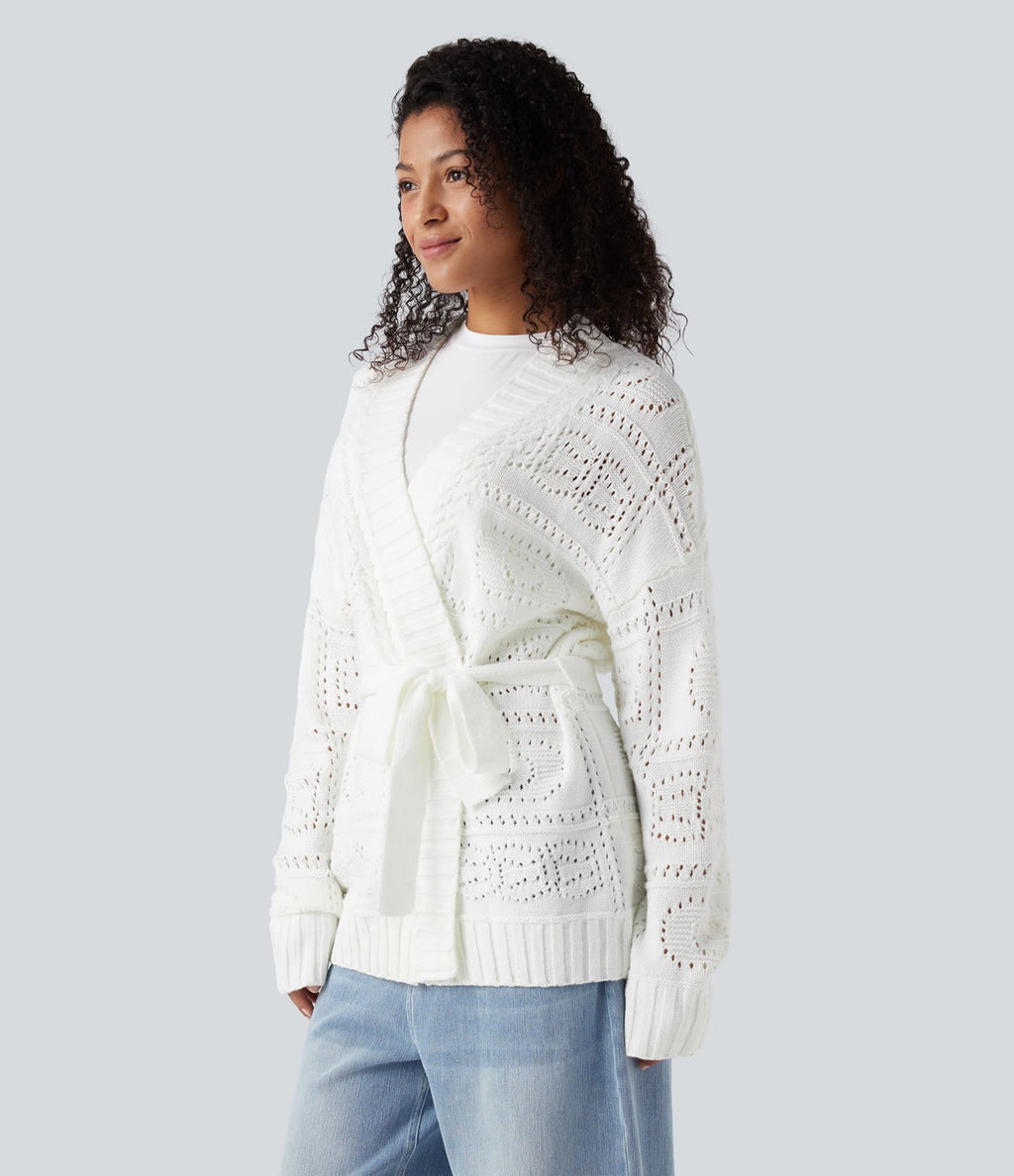 Cardigan décontracté en maille tricotée à manches longues avec ceinture et ouverture devant