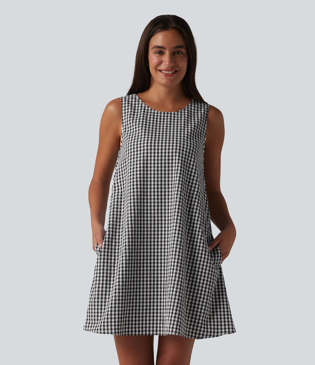 Robe débardeur mini décontractée col rond sans manches en vichy froissé avec poches