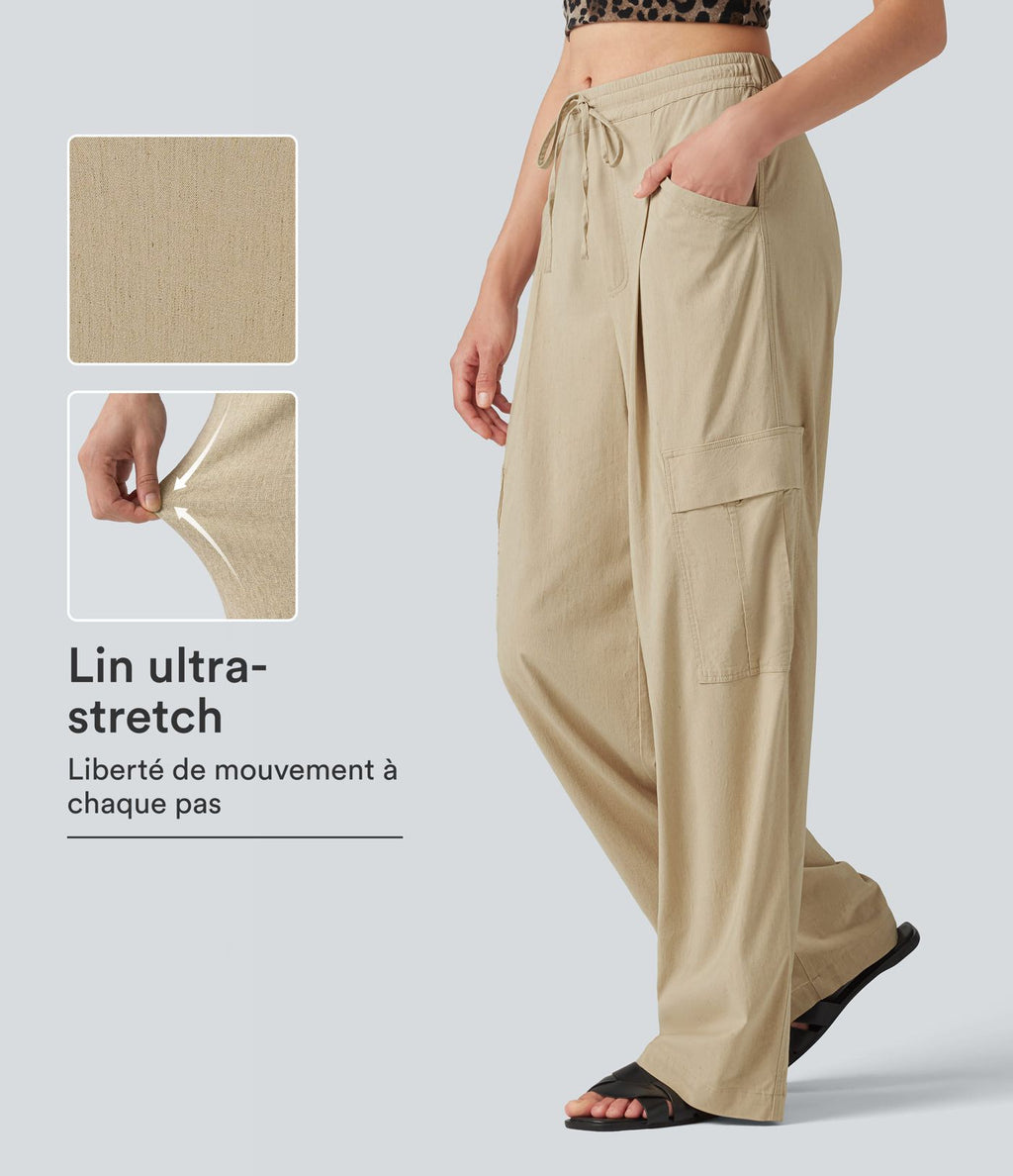 Pantalon cargo décontracté en lin extensible coupe droite taille mi-haute avec cordon de serrage et poches