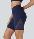 Short cycliste yoga 7'' Softlyzero™ taille haute croisé dentelle contrastante avec poches - UPF50+