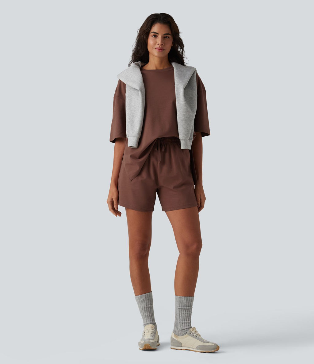 Short casual ample coton séchage rapide taille haute à cordon de serrage et ourlet fendu avec poches