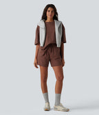 Short casual ample coton séchage rapide taille haute à cordon de serrage et ourlet fendu avec poches