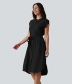 Robe-chemise midi de travail à manches courtes avec ceinture, ourlet arrondi et poches