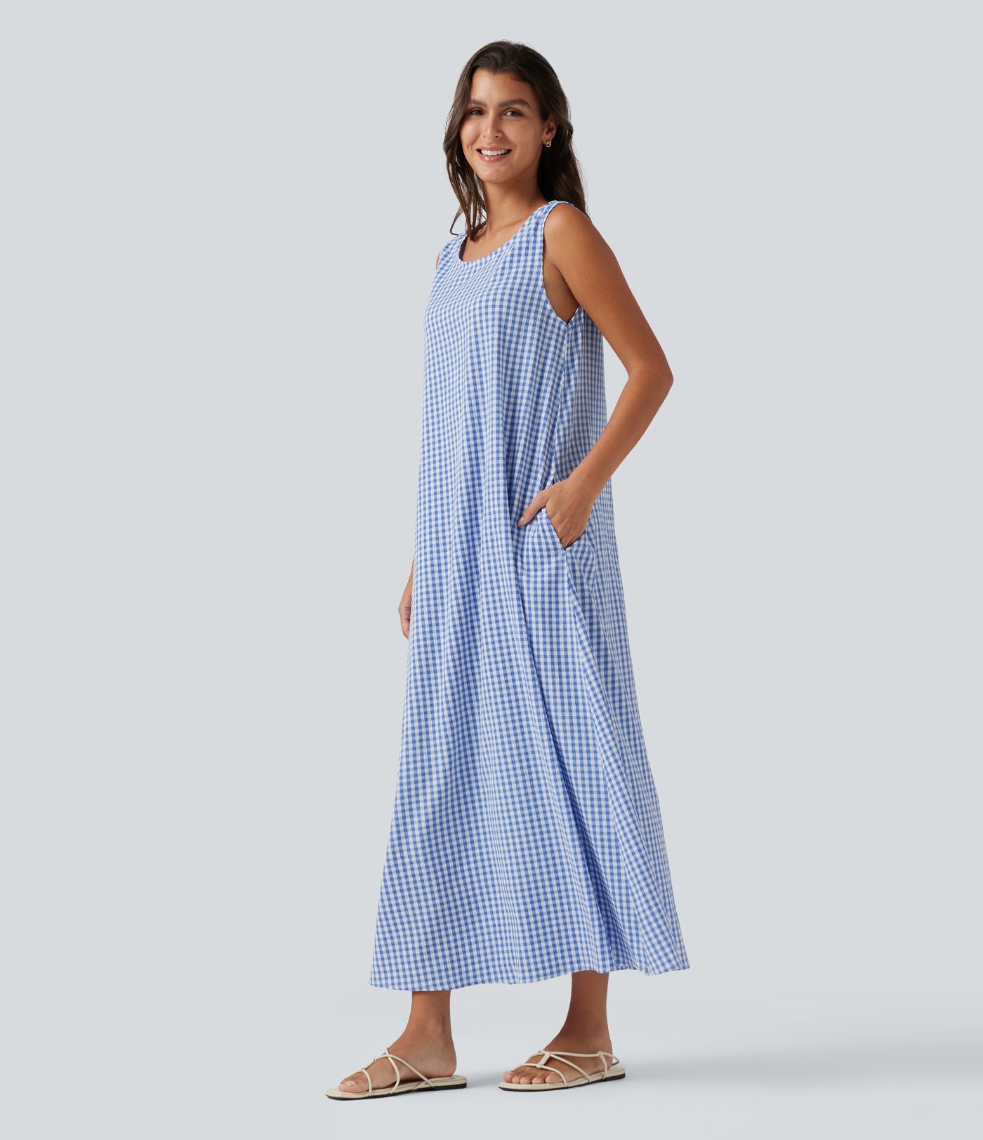 Robe débardeur midi décontractée col rond sans manches en vichy froissé avec poches