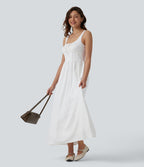 Robe mi-longue casual aspect lin col U avec nœud devant corset