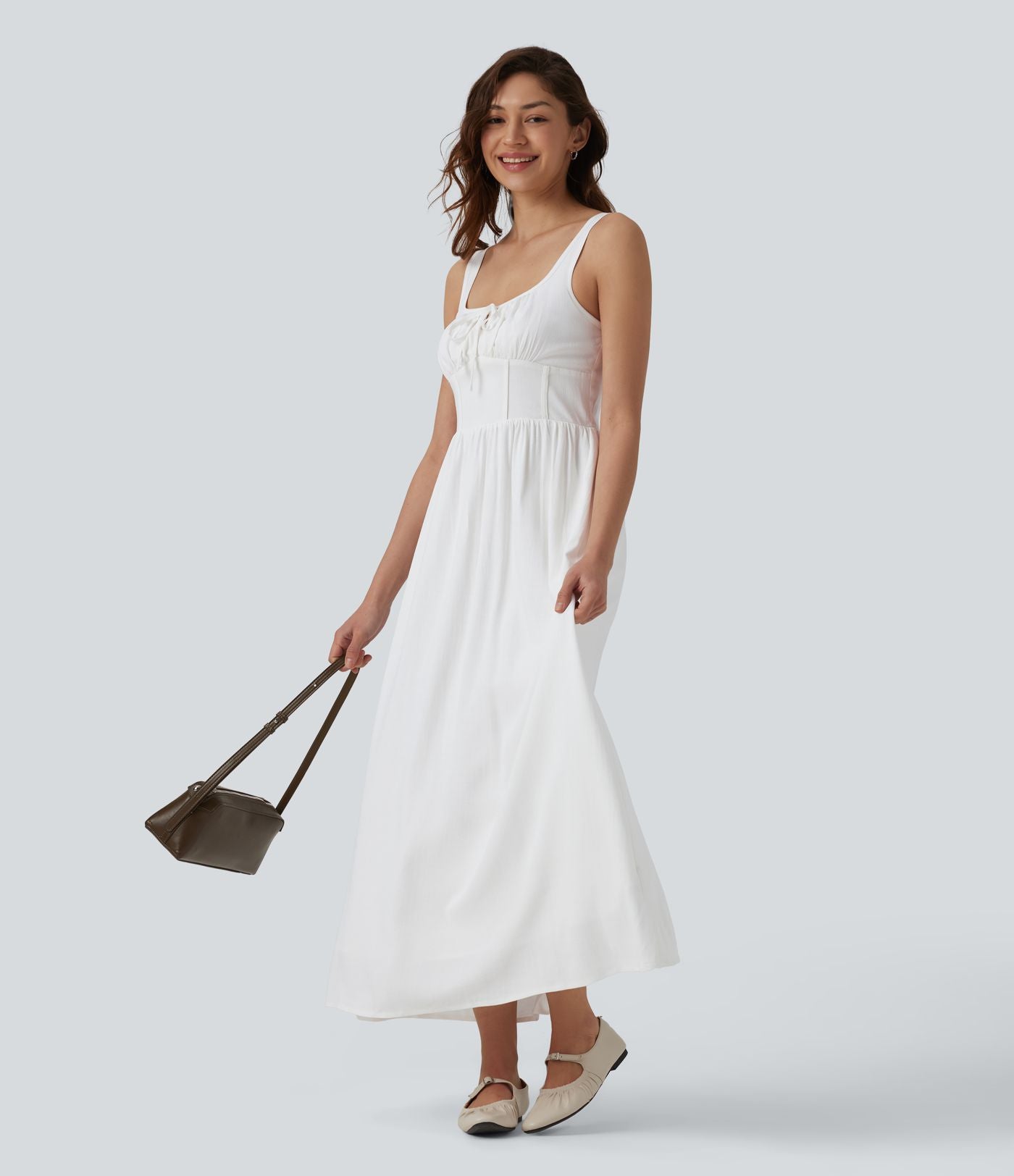 Robe mi-longue casual aspect lin col U avec nœud devant corset