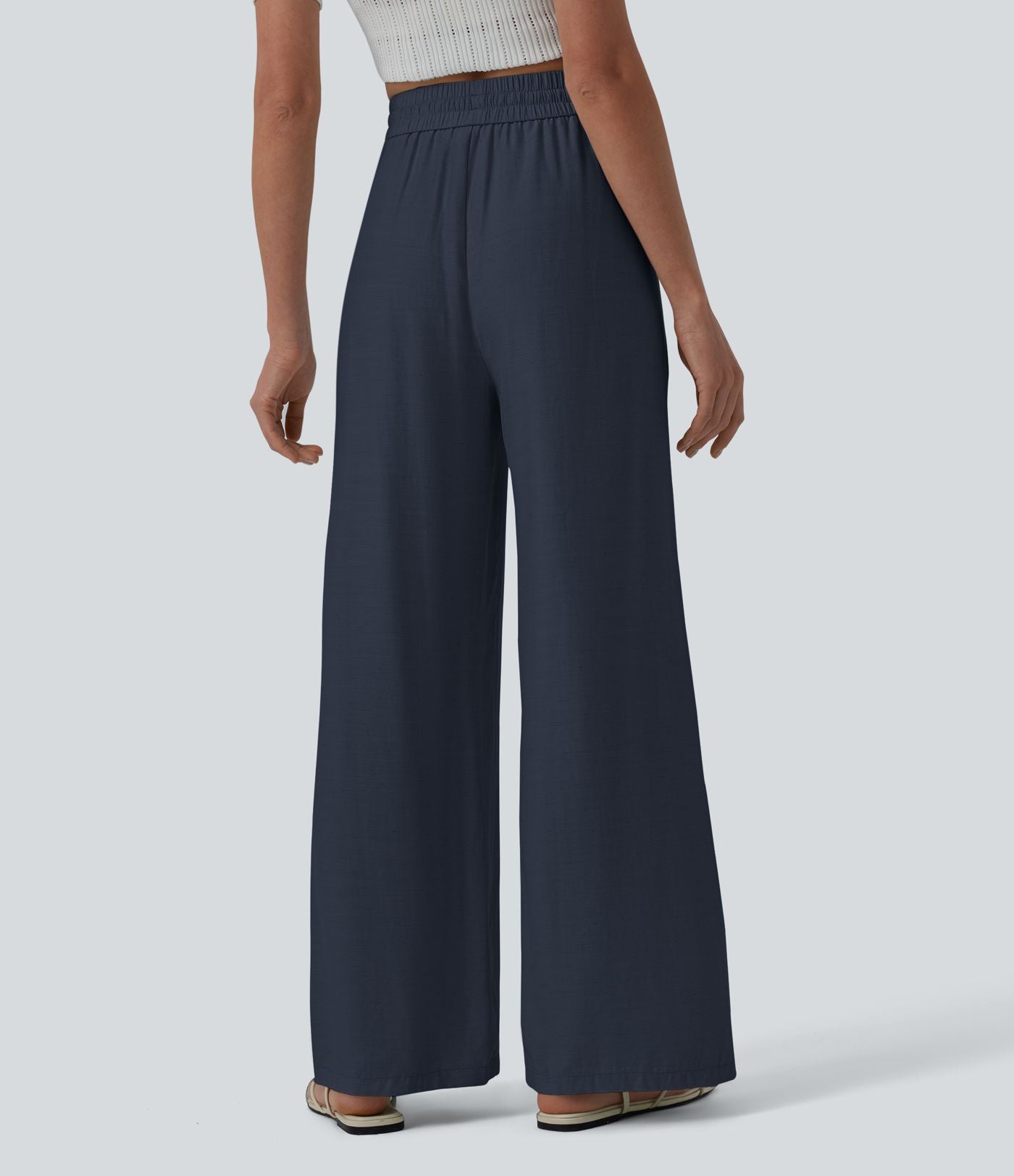 Pantalon casual large fluide mélange lin taille haute avec cordon de serrage et poches