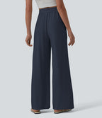 Pantalon casual large mélange lin taille haute avec cordon de serrage et poches