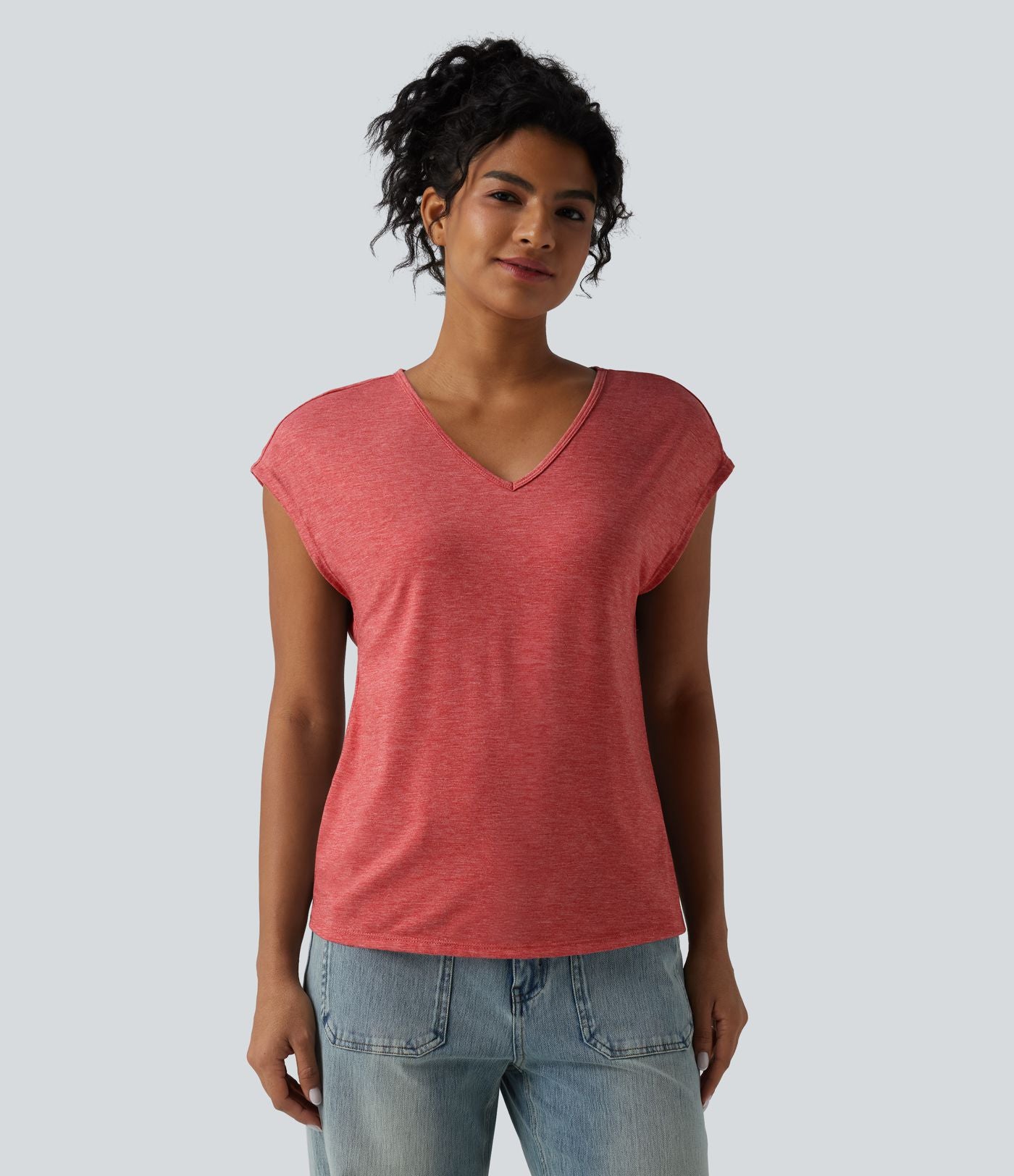 T-shirt décontracté chiné ample à manches courtes et col V