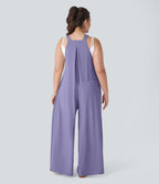 Salopette Casual Grande Taille en Gaufré avec Bretelles Ajustables Boutons et Poches Multiples