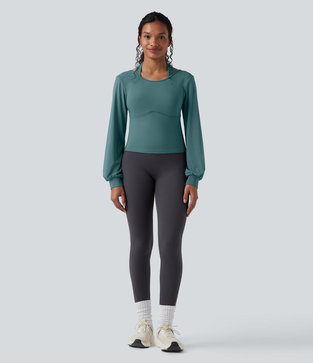 Haut de sport de yoga SoftlyZero™ aérien dos nu dos-nu manches longues bishop mesh contrastant - UPF50+