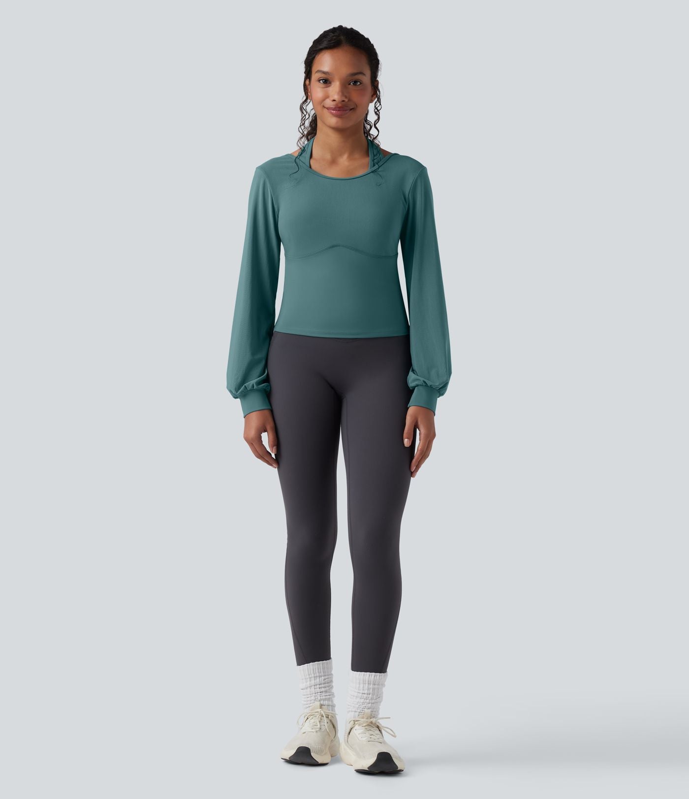Haut de sport de yoga SoftlyZero™ aérien dos nu dos-nu manches longues bishop mesh contrastant - UPF50+