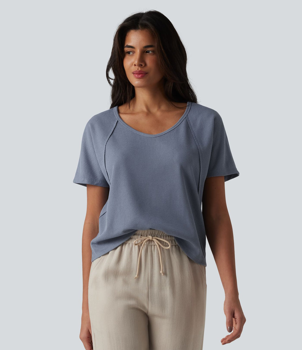T-shirt casual en tissu gaufré à encolure cœur et manches courtes