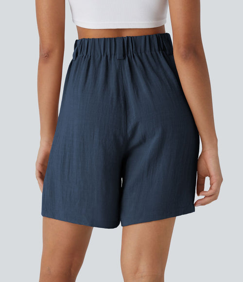Bermuda Large Fluide Taille Haute avec Plis et Poches Latérales en Lin Synthétique