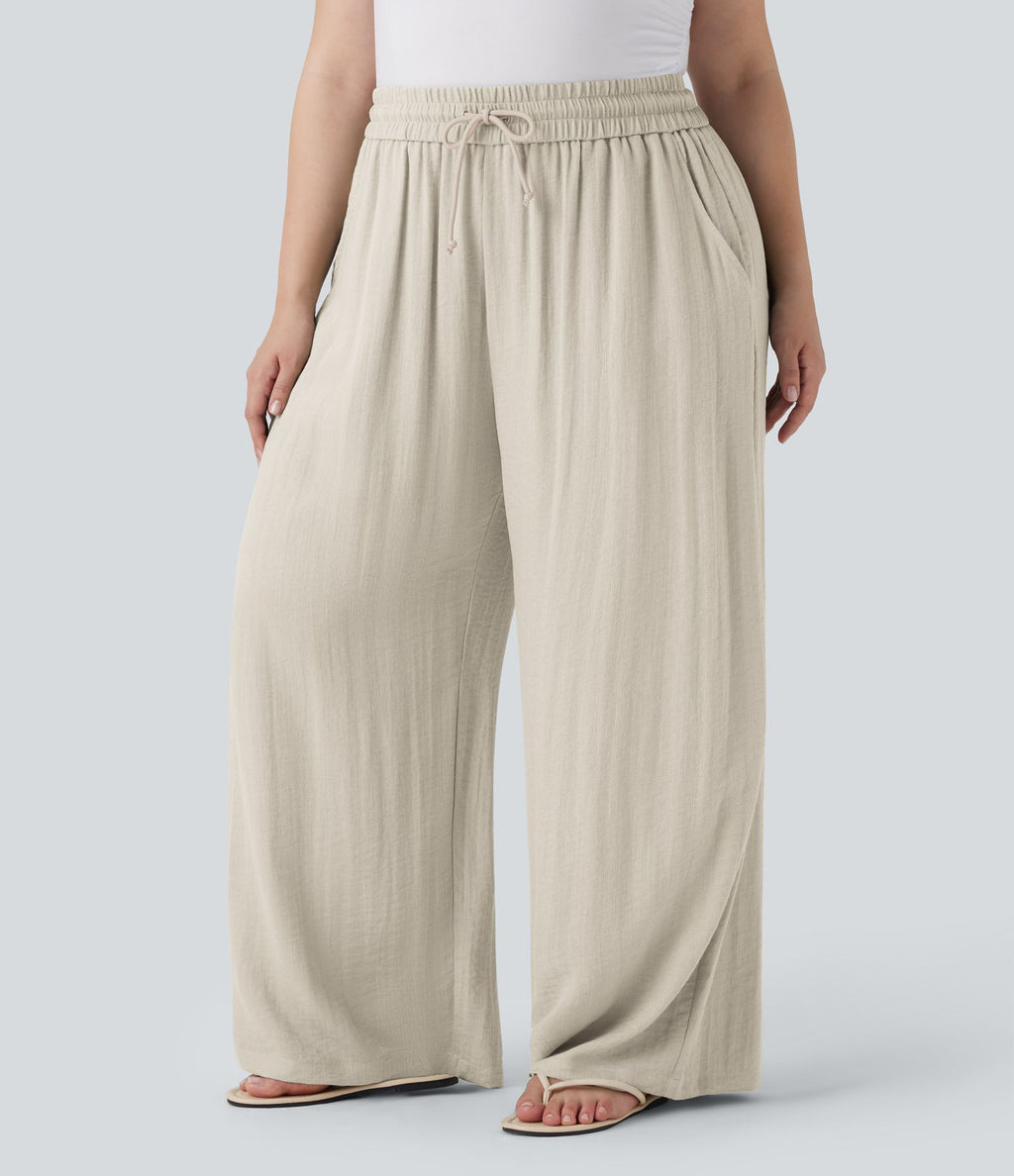 Pantalon décontracté grande taille large fluide taille haute effet lin avec cordon de serrage et poches