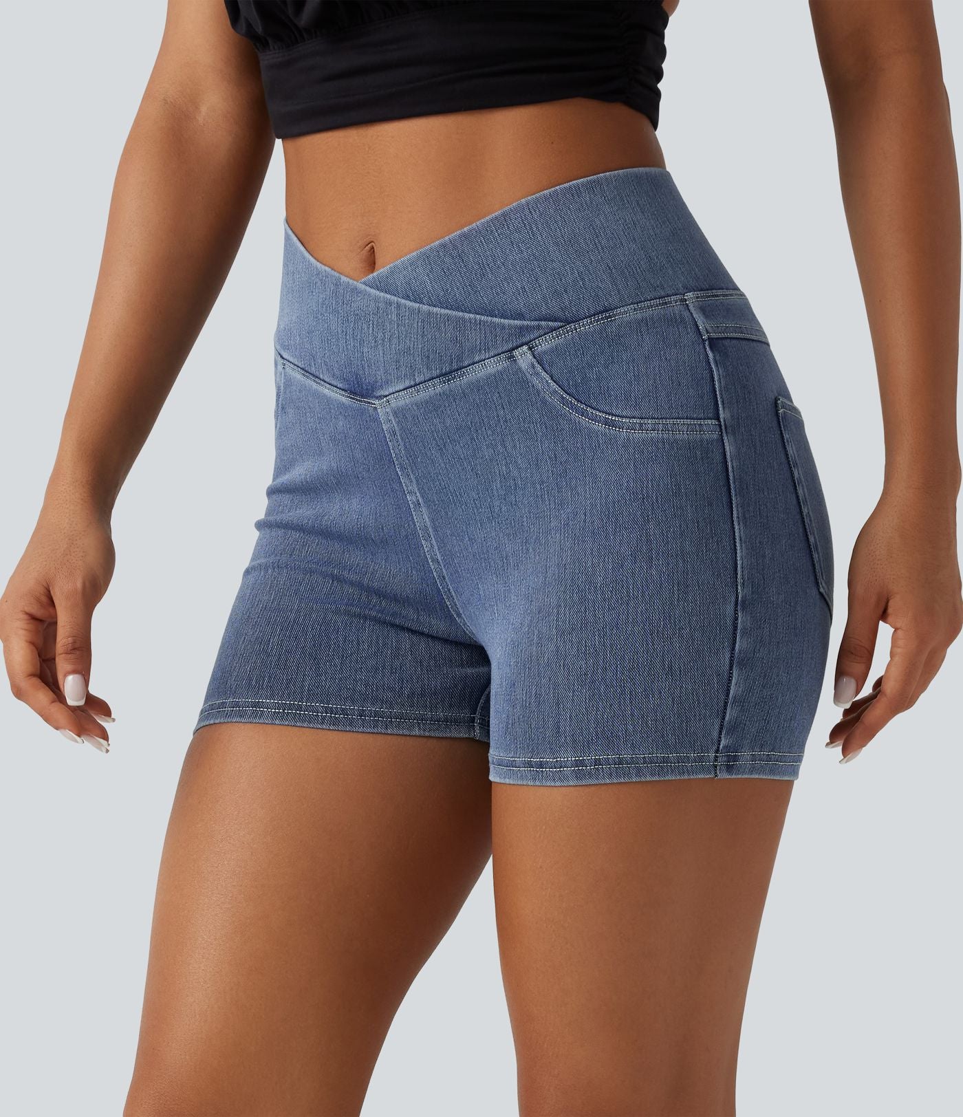 Halara Flex™  Shorts 7,5cm Denim Casual Taille Haute Poches Latérales Croisées en Maille Extensible